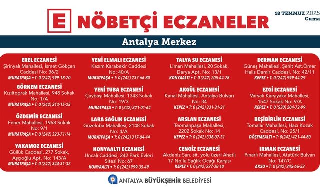 18 TEMMUZ 2025 CUMA ANTALYA NÖBETÇİ ECZANE LİSTESİ