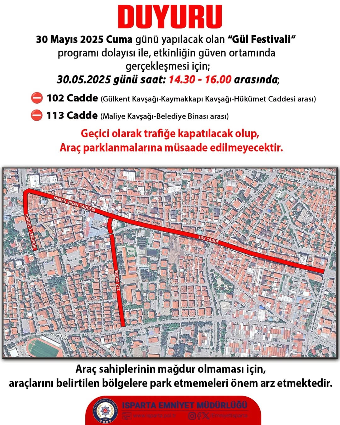 Isparta'da Gül Festivali Kapsamında Bazı Caddeler Trafiğe Kapatılacak