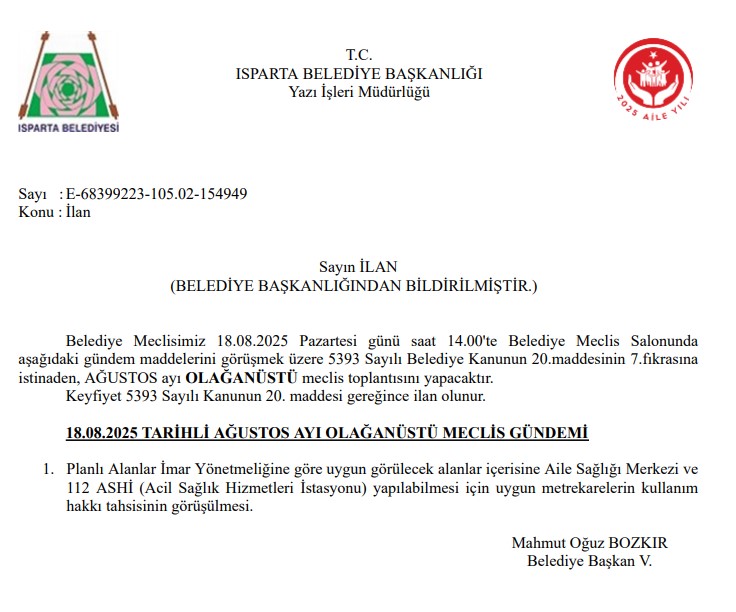 Isparta Belediyesi’nden Olağanüstü Meclis Toplantısı Çağrısı (1)