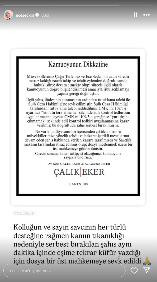 Ece Seçkin’i Takip ve Tehdit Eden Şahıs Serbest Bırakıldı