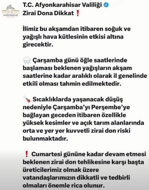 Afyonkarahisar Zirai Don Uyarısı