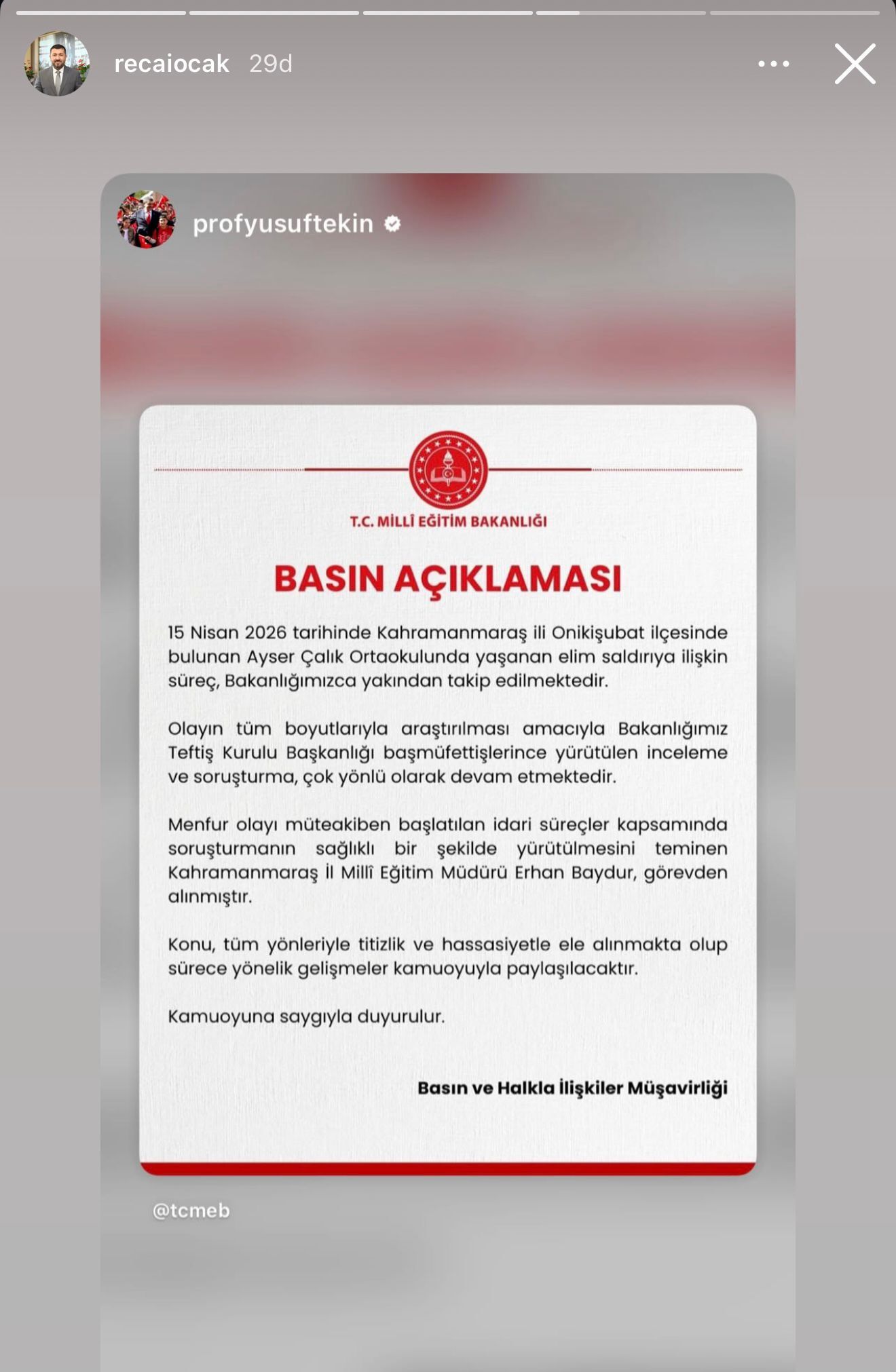 Meb’in “Görevden Alma” Açıklamasını Recai Ocak Paylaştı