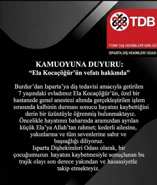 1 Ela'nın Acı Ölümü Sonrası Diş Hekimleri Odası'ndan Açıklama (1)